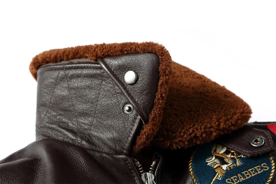 Black Winter Leather Jacket Men Retro Style Europe Size Genuine Natural Thick Cowhide Turn-Down Collar G1 Flight Coat