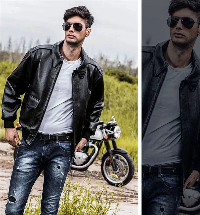 Black Winter Leather Jacket Men Military Style Europe Size Genuine Natural Thick Cowhide Warm Turn-Down Collar A2 Flight Coat