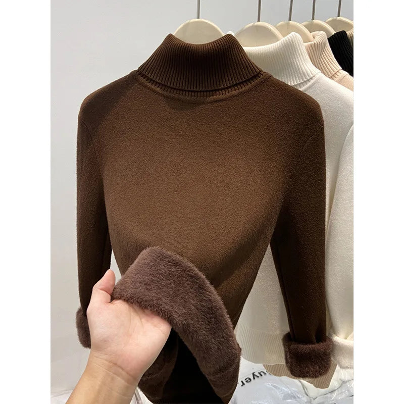 Thickened High Collar One-Piece Fleece Knitted Sweater Women Winter Slim Fit Inner Wear Fashionable Basic Style Base Shirt
