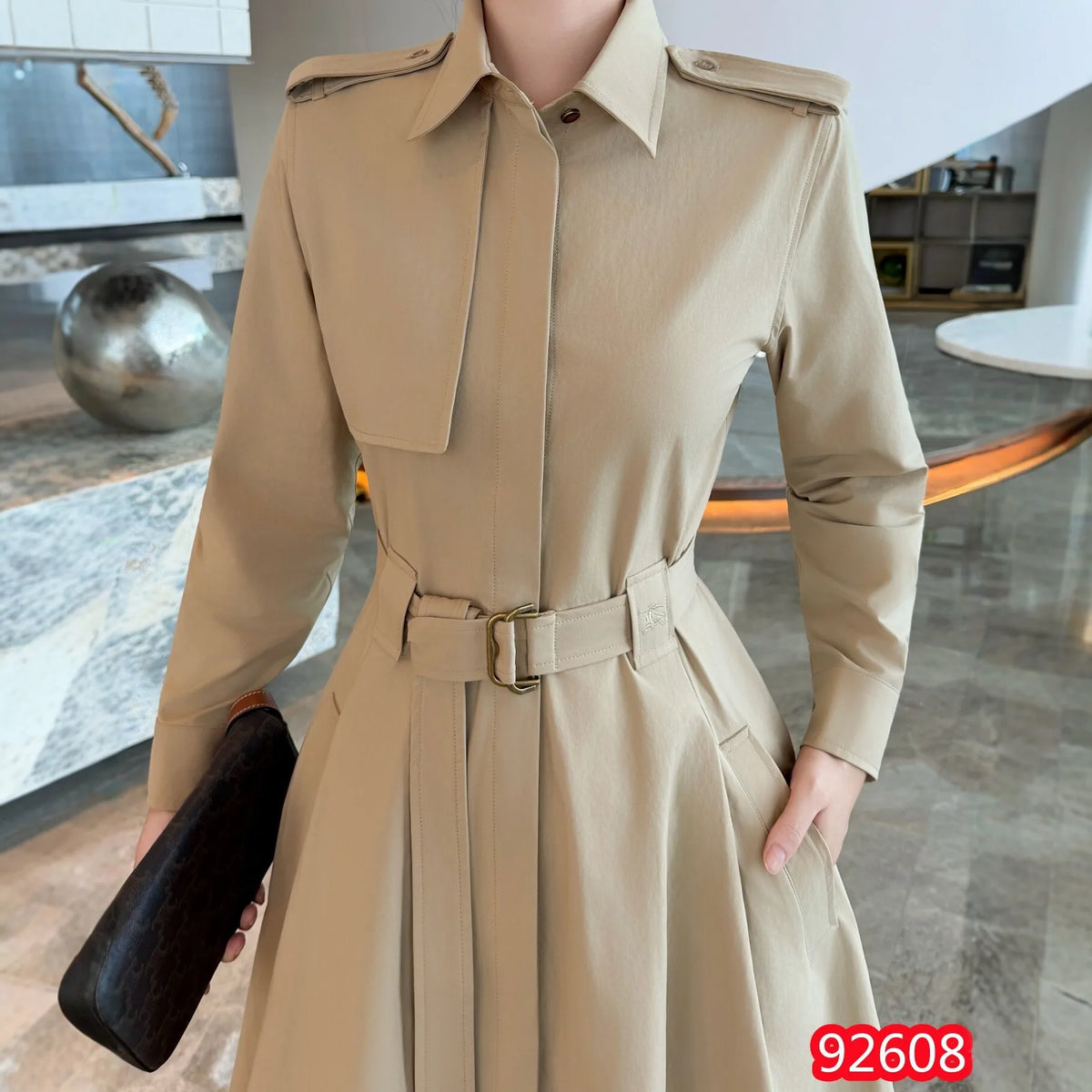 Blue Khaki Waist-Cinching Long Sleeve Midi Dress Women's New Style French Elegant Coat Dress Cotton Pure Color A-Line Skirt