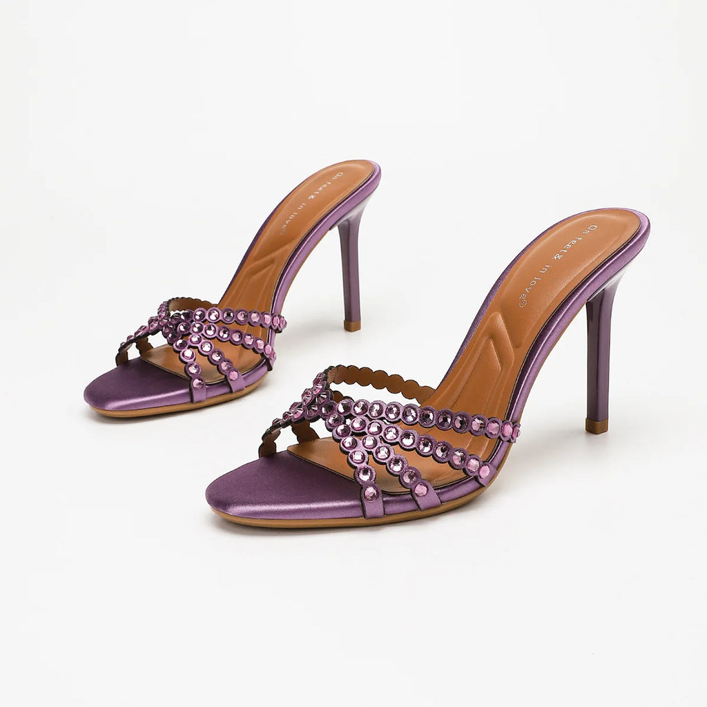 Fashionable Diamond Strap High Heels Sandals Women's Summer Party Shoes Fine Heel Versatile Elegant Ladies' Slip-On Slippers