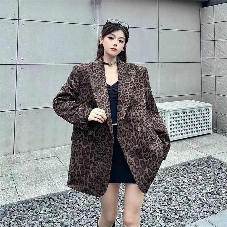 Ladies' Long Sleeve Leopard Print Suit Jacket Hepburn Style Casual Leisure Fashionable Mid-Length Coat Elegant Commute