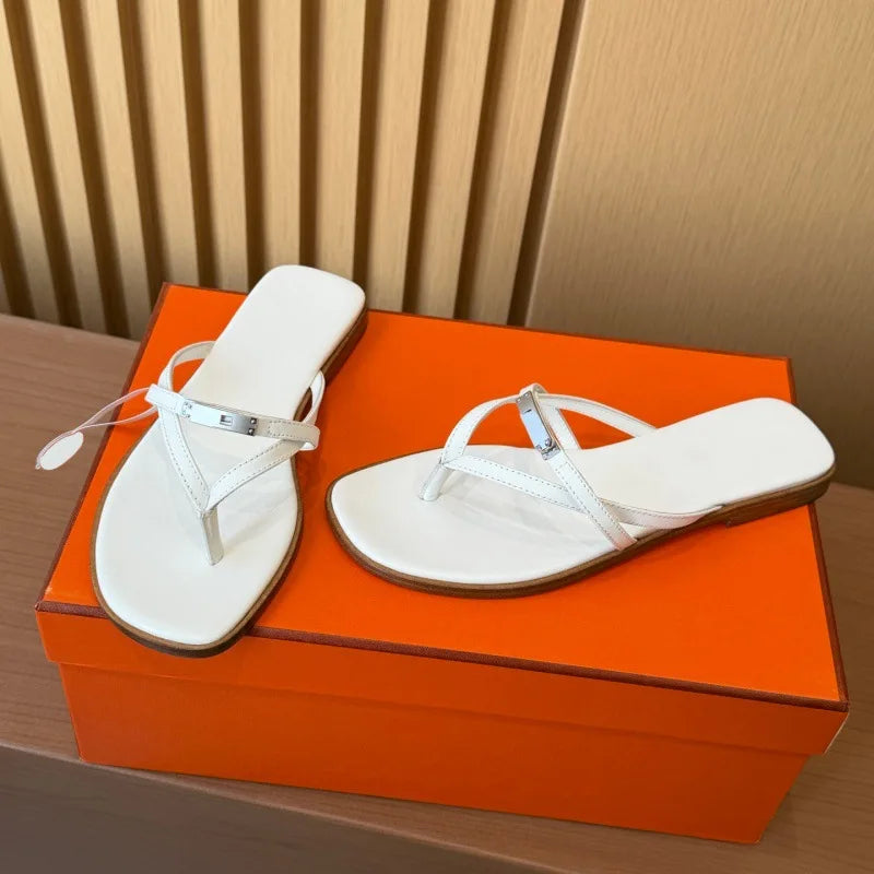 Summer 2026 Women's Casual Metal Lock Buckle Sandals Thong Slippers with Strap for Outdoor Beach Vacation Flat Heel Shoes