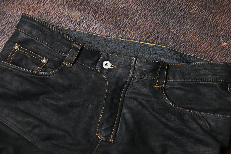 Black Spring Leather Trousers Men Retro Style Plus Size 4XL Genuine Natural Sheepskin Add Protection Device Motorcycle Pants