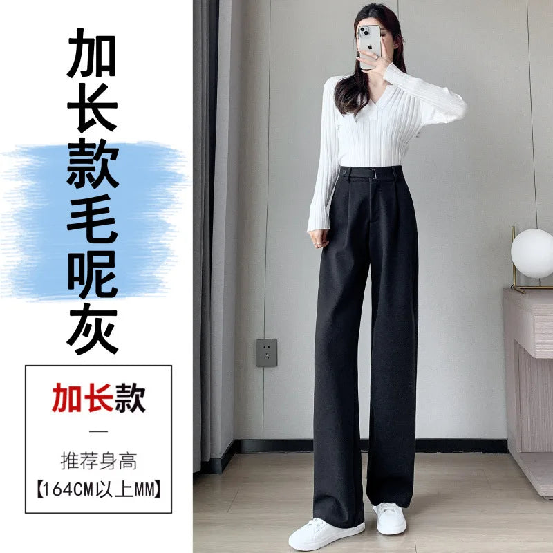 Thickened Fleece Lined Winter Wide Leg Pants High Waist Floor Length Straight Cut Casual Trousers for Women Woolen Suiting