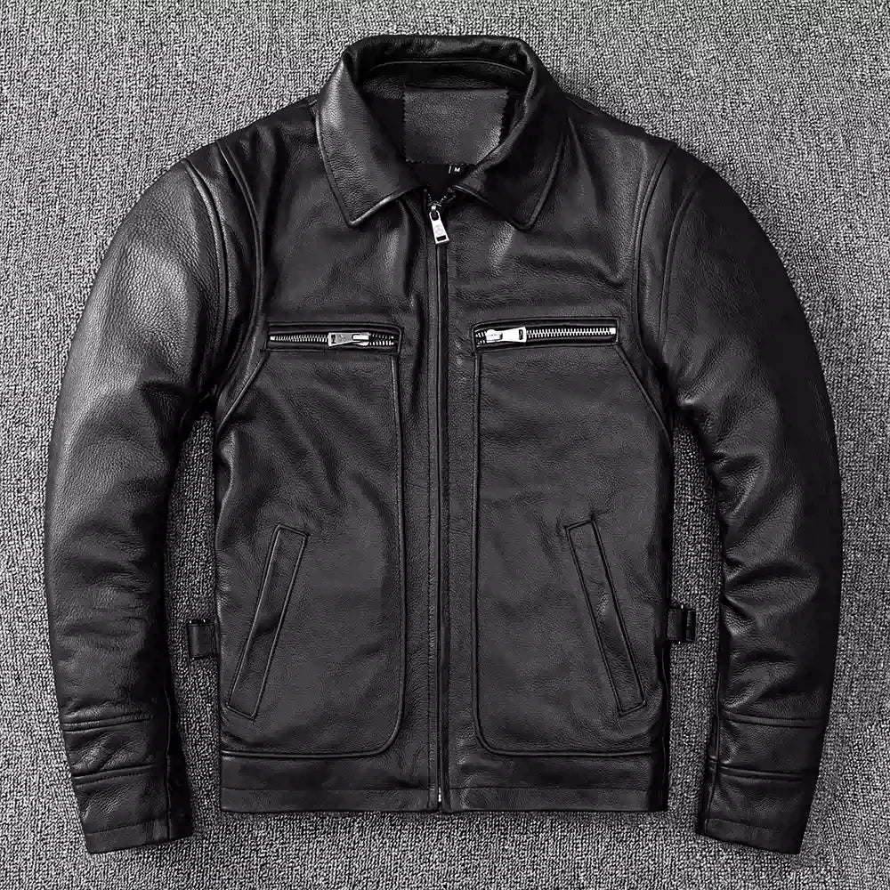 Black Autumn Leather Jacket Men Retro Style Plus Size 8XL Genuine Natural Cowhide Turn-Down Collar Smart Casual Coat