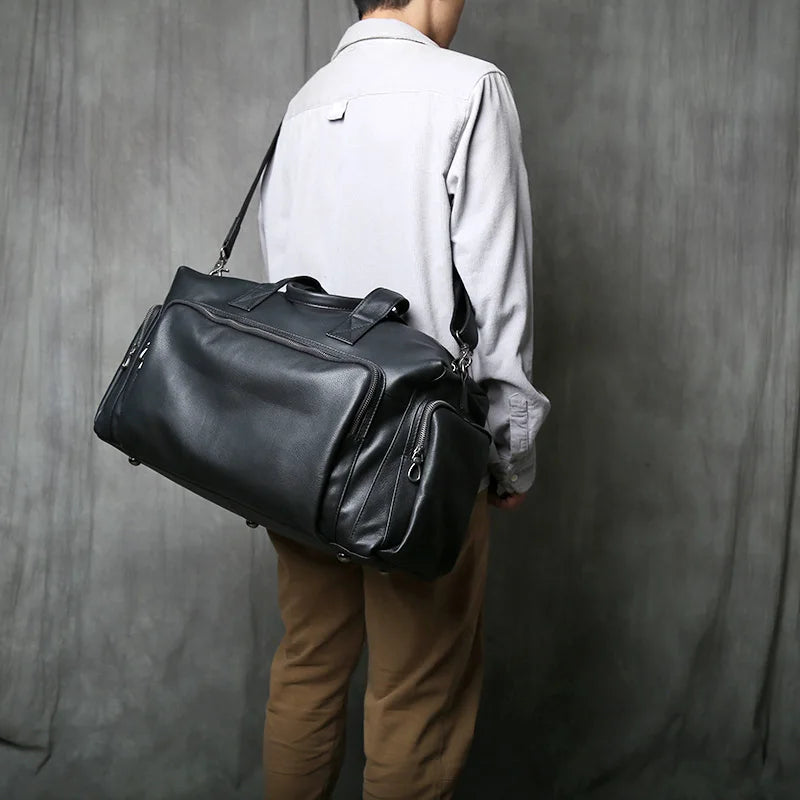 NZPJ Genuine Leather Men's Travel Bag, Casual Top Layer Cowhide Crossbody Bag, Laptop Bag, Large Capacity Luggage Bag Business