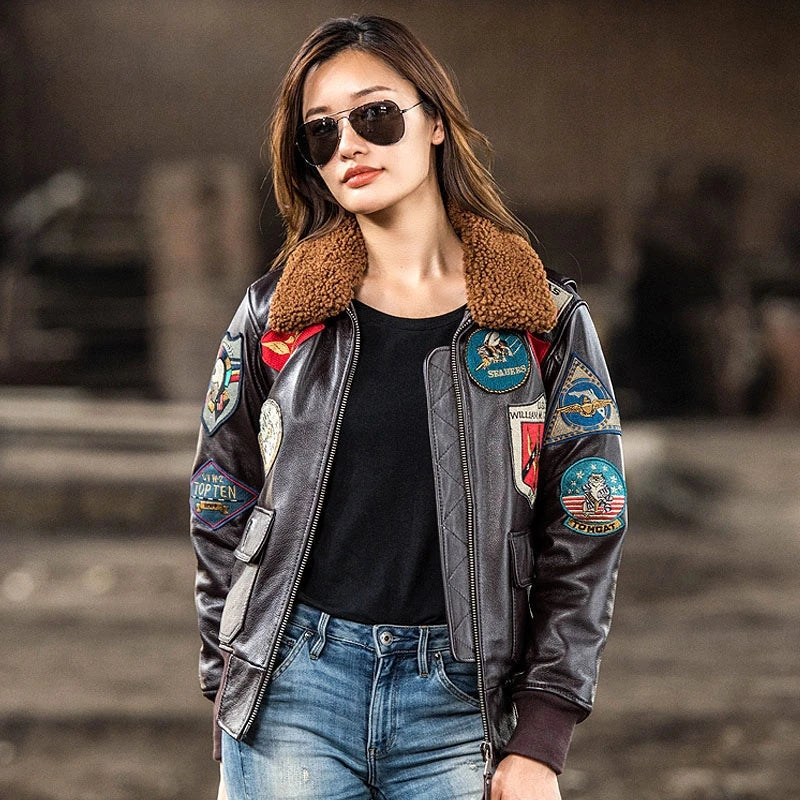 Women Winter Leather Jacket Military Style Genuine Natural Thick Cowhide Wool Turn-Down Collar Dark Brown G1 Flight Coat