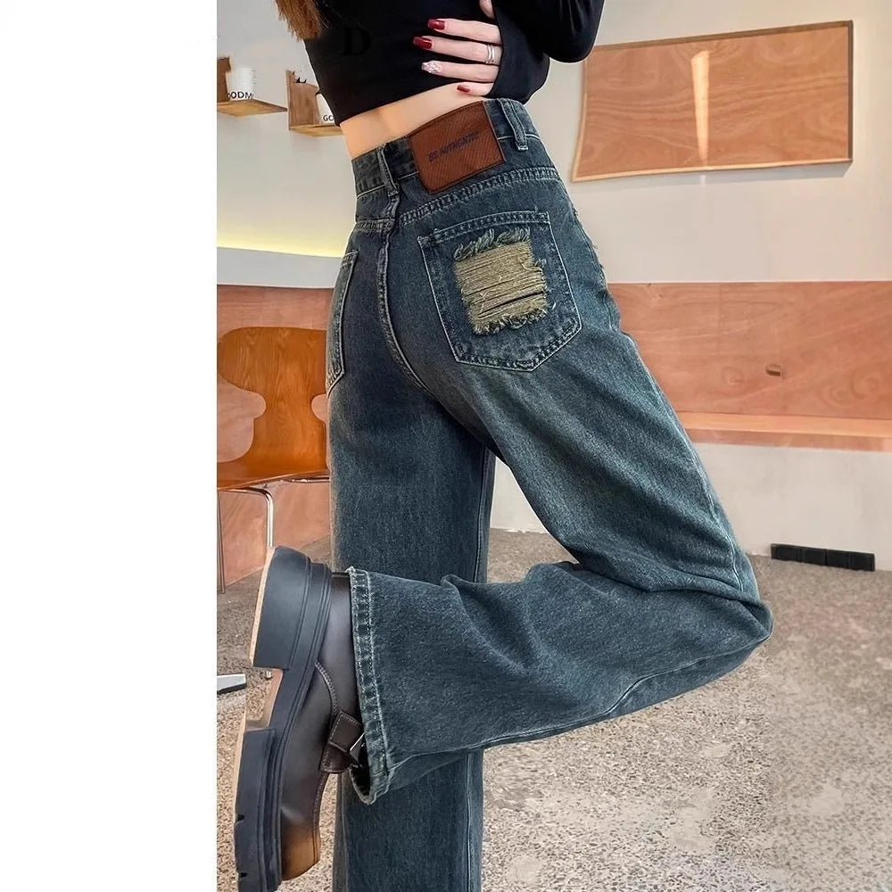 High Waist Wide Leg Jeans Light Blue Denim High Waist Tear Design American Style Spring Summer New Trend Streetwear