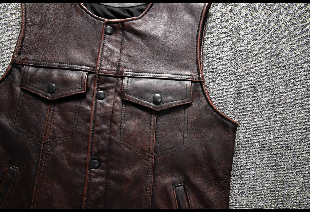 Red Brown Spring Leather Vest Men Retro Style Plus Size 6XL Genuine Natural Cowhide O-Neck Collar Slim Fit Short Sleeveless Coat