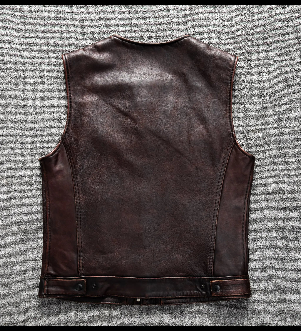 Red Brown Spring Leather Vest Men Retro Style Plus Size 6XL Genuine Natural Cowhide O-Neck Collar Slim Fit Short Sleeveless Coat