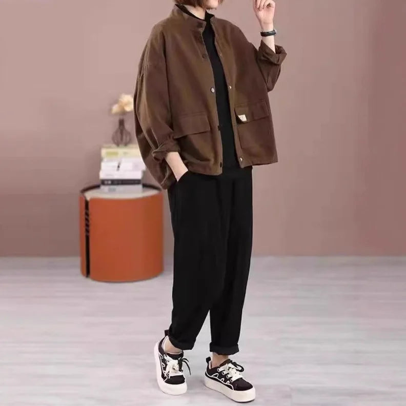 Loose Casual Women's Workwear Jacket Stand Collar Short Cardigan Outerwear Comfortable Polyester Cotton Blend Street Style