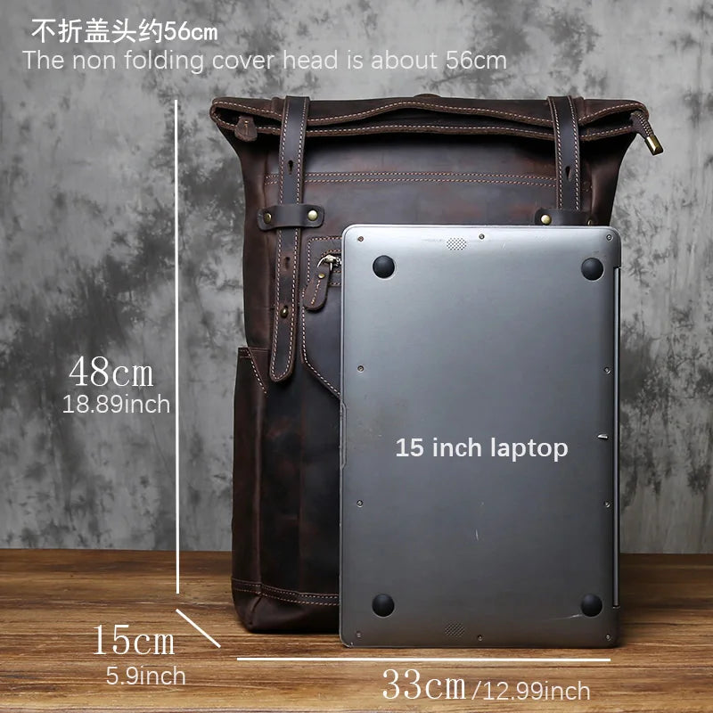 NZPJ Vintage Genuine Leather Men's Backpack Crazy Horse Leather Computer Bag Natural Top Layer Cowhide Backpack Travel Bag