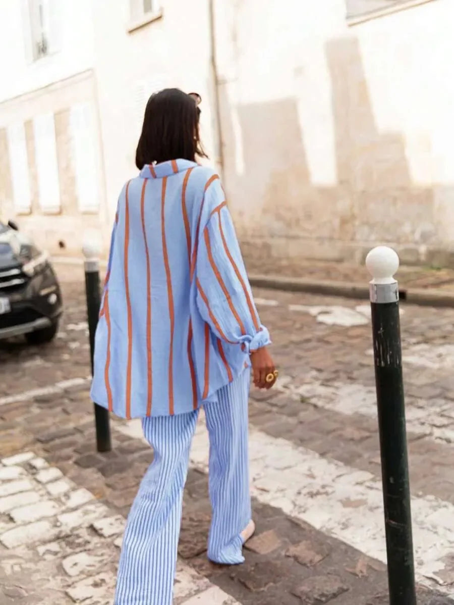 Women's Long Sleeve Button Cardigan Striped Shirt Slim Fit Polo Collar Full Length Autumn Winter New Style Cross Border Independ