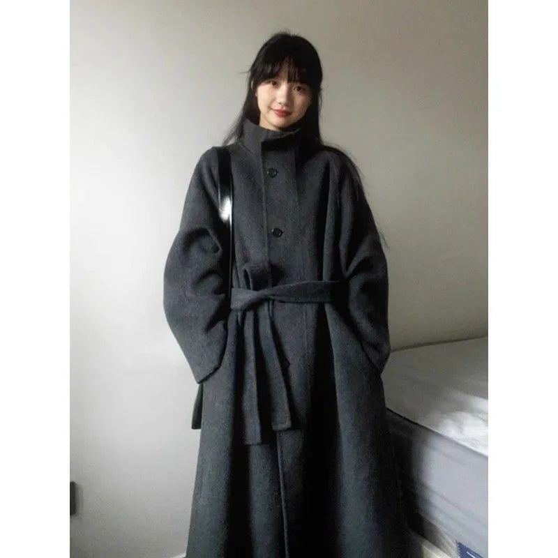 Plus Size Gray Woolen Coat Korean Minimalist Style Women's Medium Length Loose Fit Autumn Winter New Arrival Fashion Outerwear