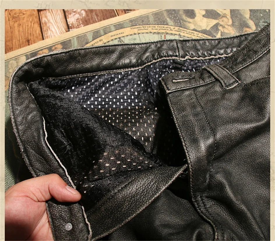 Retro Black Winter Leather Trousers Men Vintage Style Genuine Natural Cowhide Can Add Motorcycle Protection Device Leather Pants