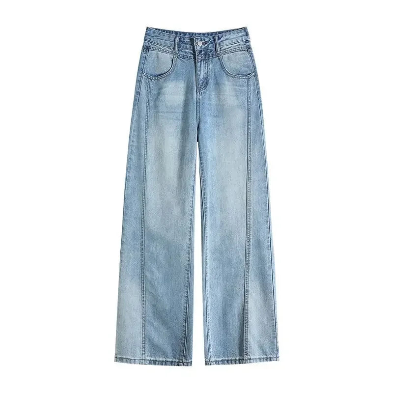 American Style High Waist Loose Women's Blue Jeans Retro Straight Leg Pants Drapey Floor-Length Trousers Versatile Wide Leg Pant