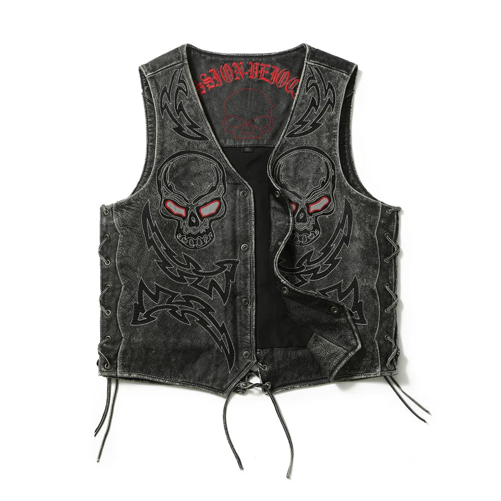Black Spring Leather Vest Men Skull Embroidery Retro Style Plus Size 5XL Genuine Natural Cowhide Single Breasted Sleeveless Coat
