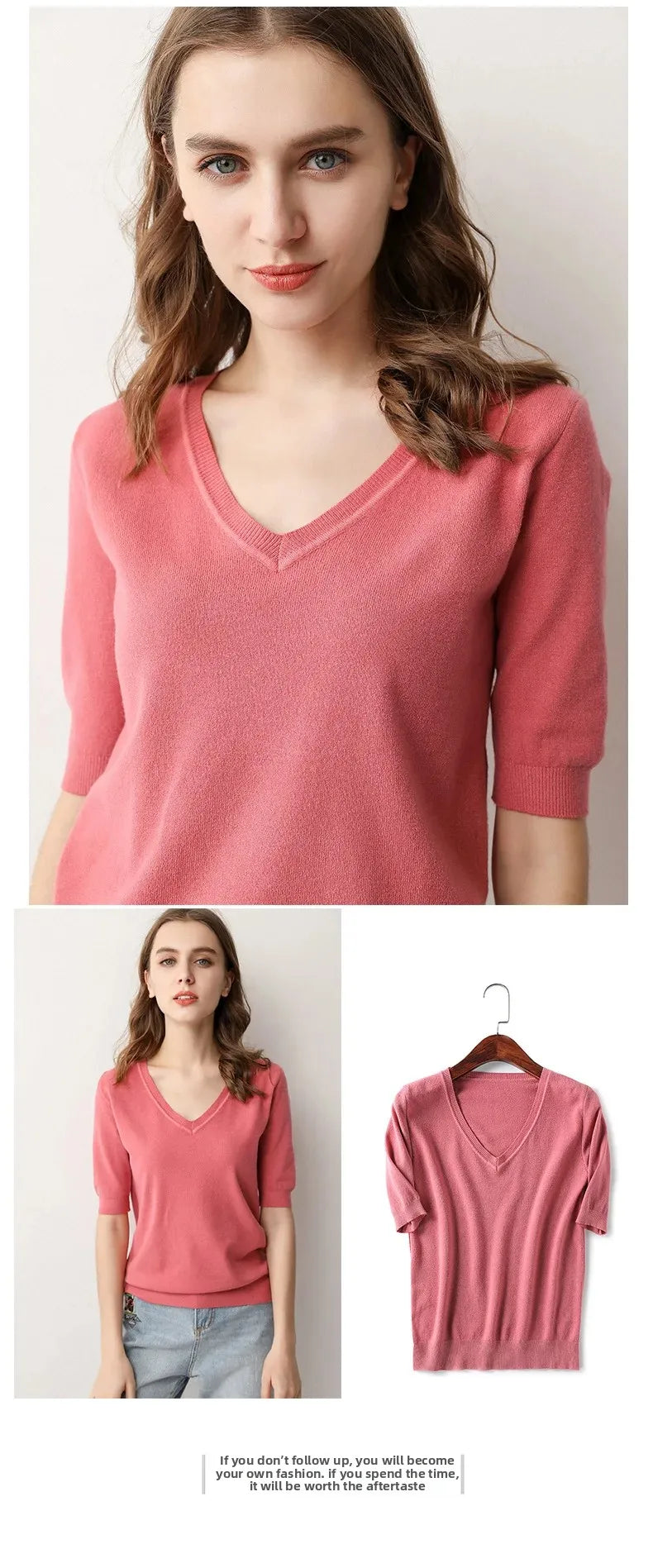 Spring Autumn New Style V-Neck Thin Knitted Loose Short Sleeve Women's T-Shirt Thin Summer Top Comfortable Base Layer Shirt