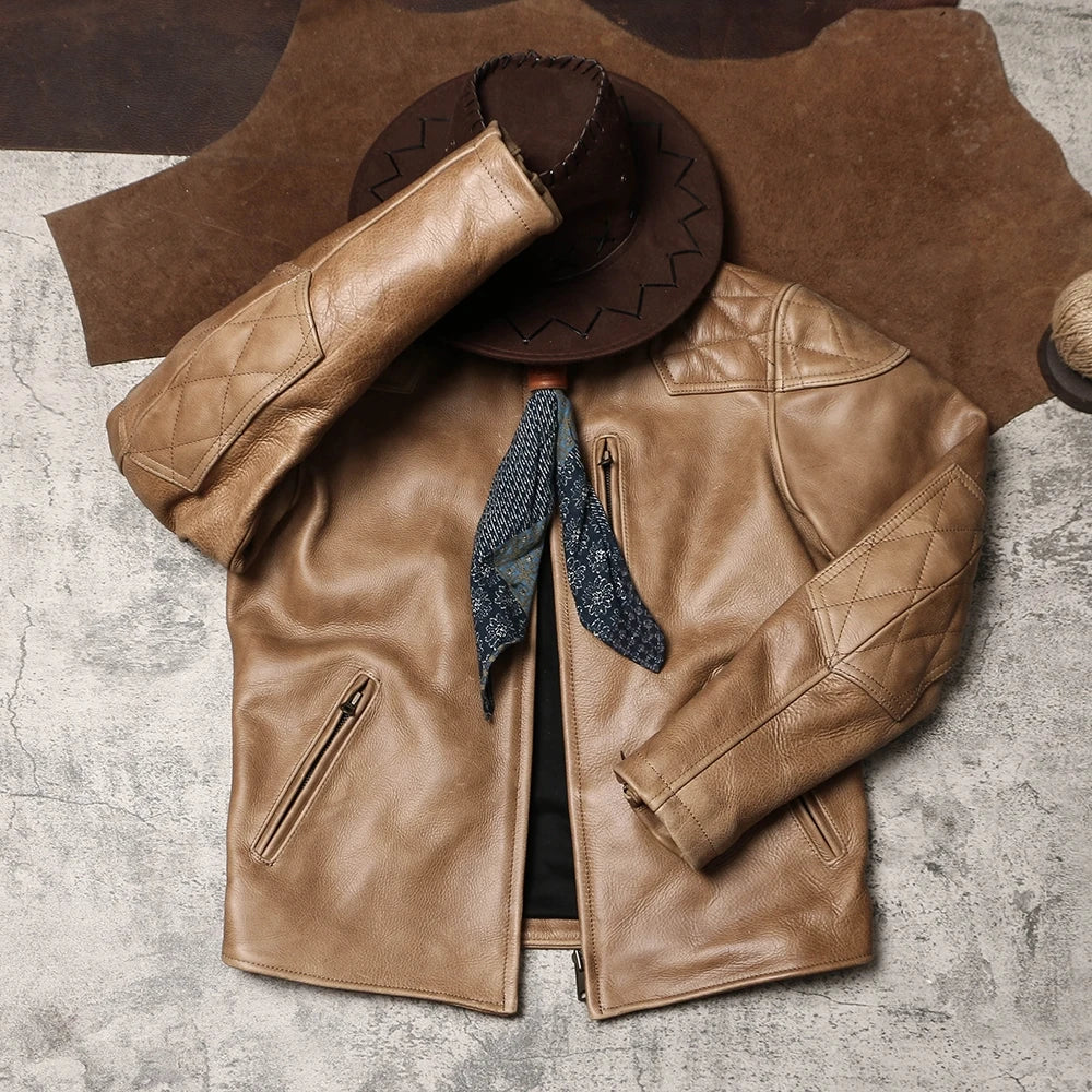 Light Brown Winter Leather Jacket Men Sprots Style Plus Size 5XL Genuine Natural Thick Cowhide Stand Collar Slim Leather Coat