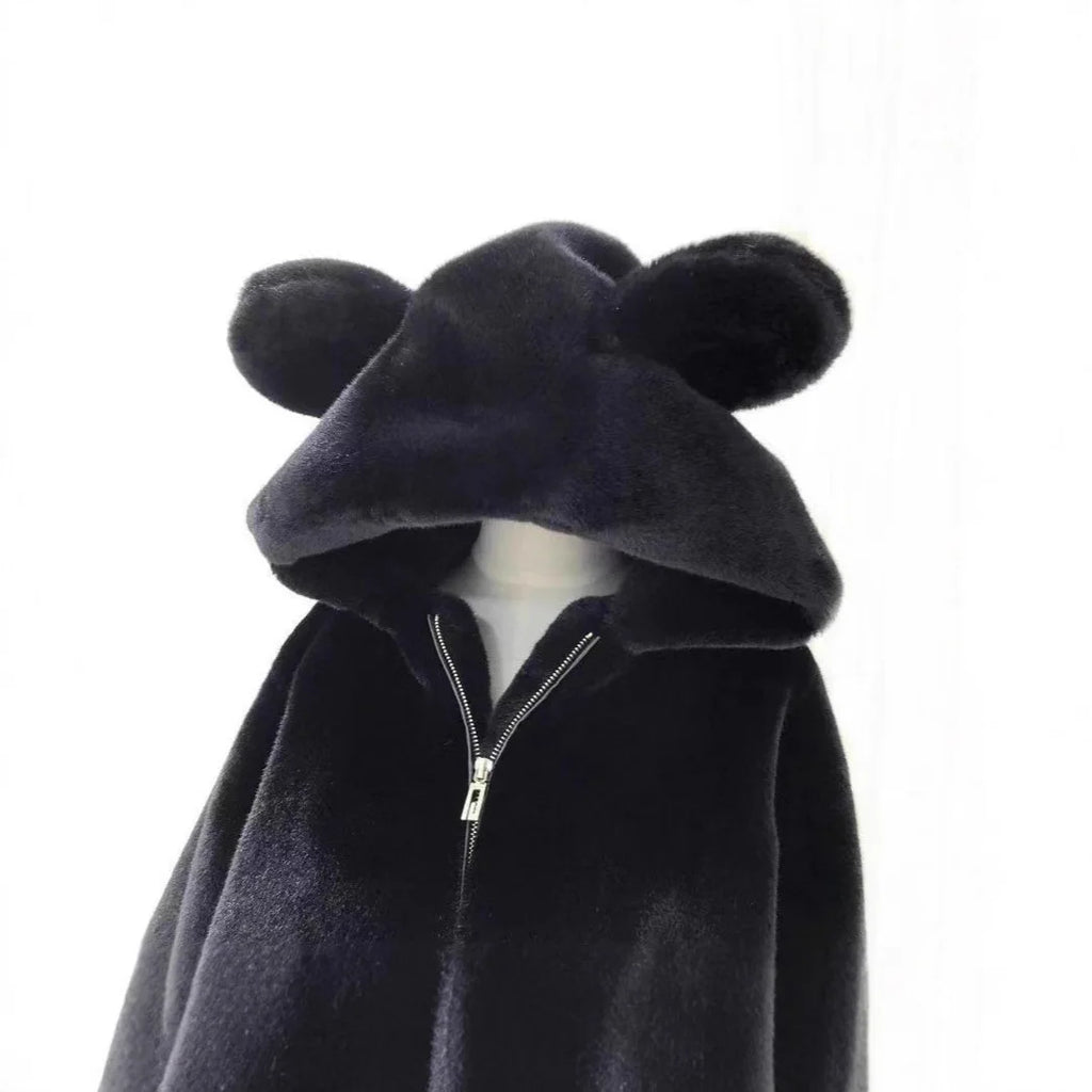 Autumn Winter Thickened Bear Ear Hooded Coat Women's Fashionable Fluffy Simulation Fur Jacket Cute Long-Line Casual Outfit