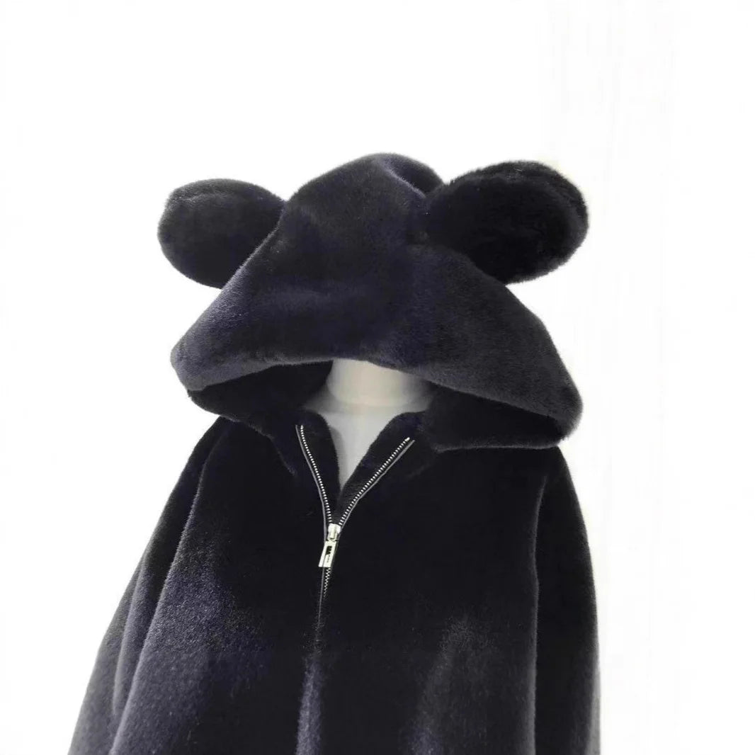 Autumn Winter Thickened Bear Ear Hooded Coat Women's Fashionable Fluffy Simulation Fur Jacket Cute Long-Line Casual Outfit