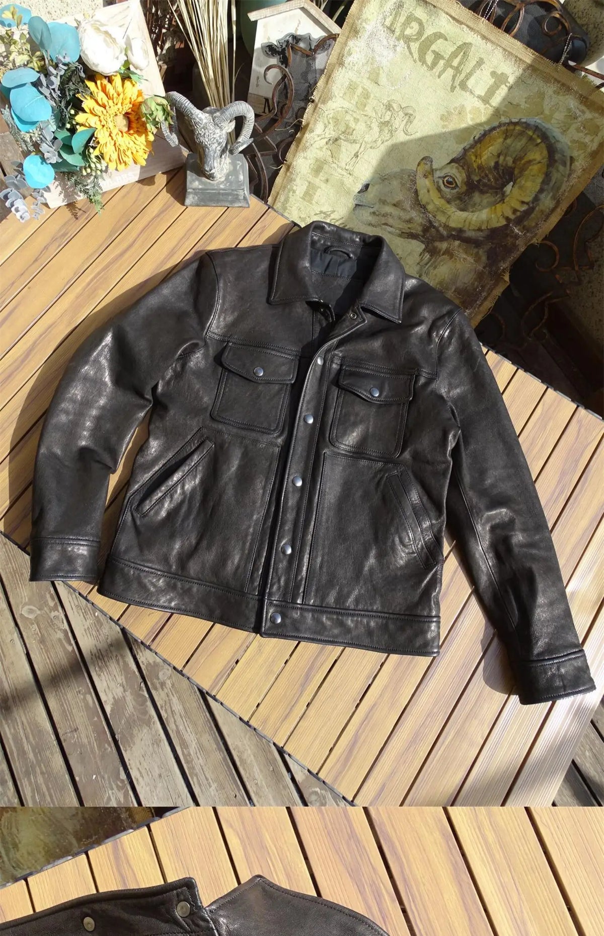 Black Autumn Leather Jacket Men Casual Style American Size Genuine Natural Sheepskin Turn-Down Collar Single Breasted Denim Coat