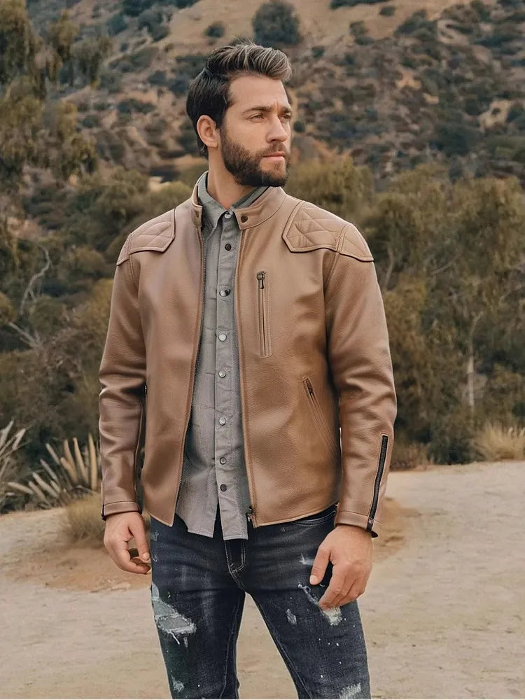 Light Brown Winter Leather Jacket Men Sprots Style Plus Size 5XL Genuine Natural Thick Cowhide Stand Collar Slim Leather Coat