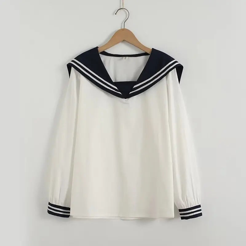Loose Fit Striped Long Sleeve Crew Neck Women's Shirt Korean Style Navy Theme Autumn Fashion Fresh Sweet College Style