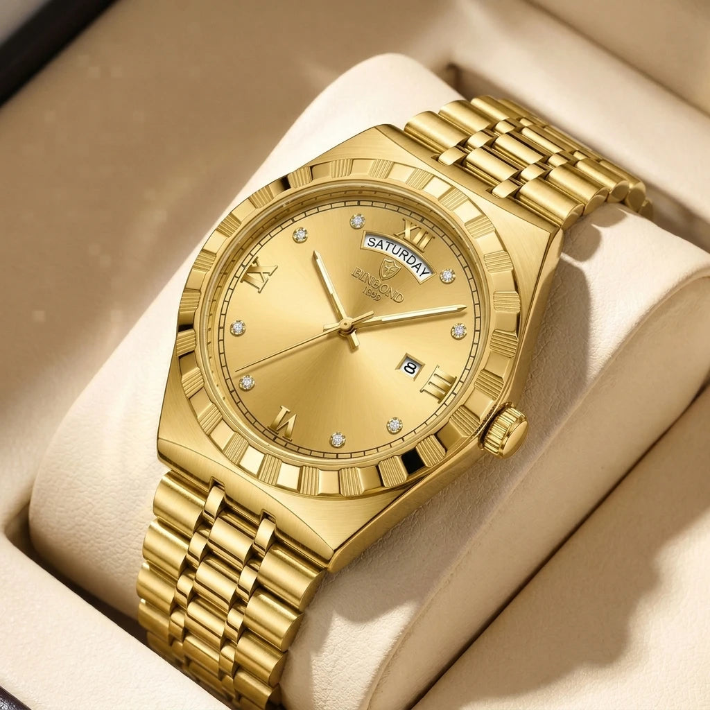 4pcs Men's Gold Stainless Steel Luxury Diamond Accents Sunglasses Perfume Quartz Watch Gift Set for Birthdays & Anniversaries
