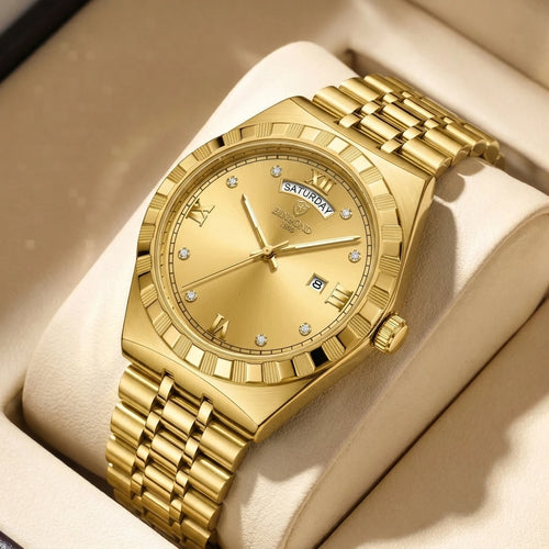 4pcs Men's Gold Stainless Steel Luxury Diamond Accents Sunglasses Perfume Quartz Watch Gift Set for Birthdays & Anniversaries