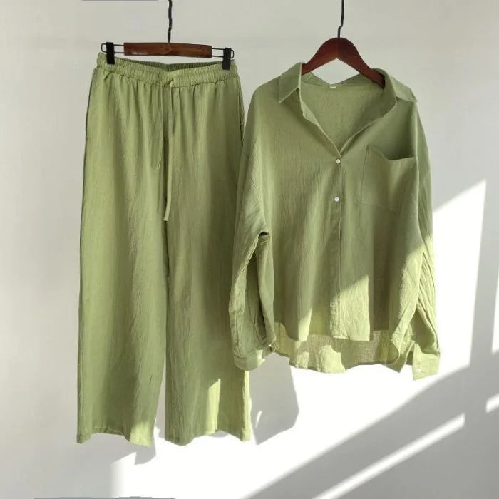 Retro Large Size Cotton Linen Shirt Set High Waist Loose Pants Two Piece Set Women's Clothing Casual Fashion Summer Season