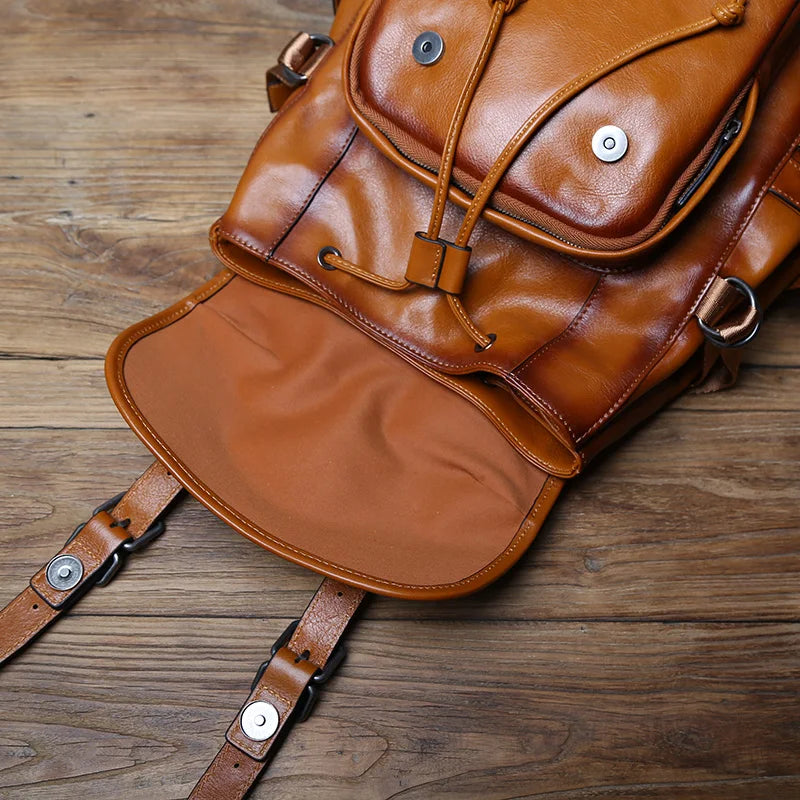 NZP Retro Leather Men's Backpack European and American Fashion Travel Bag Top Layer Cowhide Casual School Bag Laptop Bag