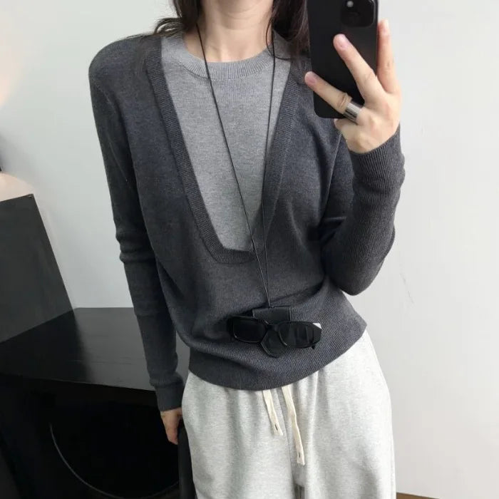 Andy Velvet Washed Large U-Neck Layered Slim Fit Knitwear Design Sensation Color Block Autumn Winter Top Polo Collar Sleeveless