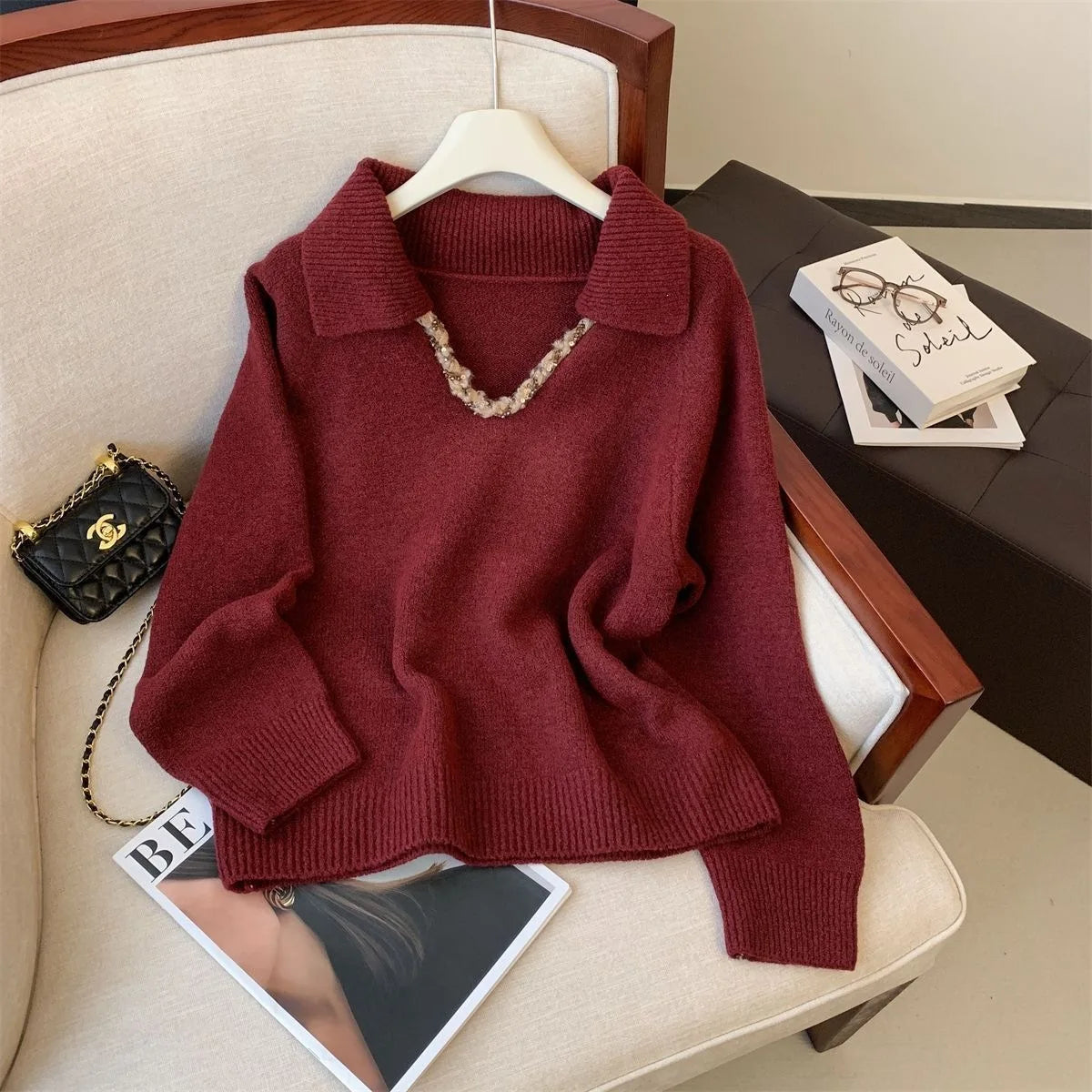 French Collar Heavy Embellished Long Sleeve Knitwear New Autumn Winter Dance Beautiful Women's Top V-neck Polyester Blend
