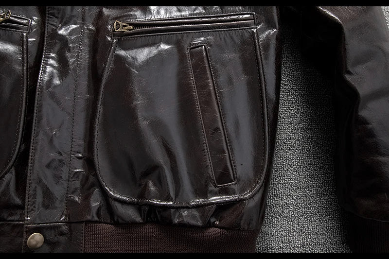 Men's Genuine Leather Military Flight Jacket | Real Leather Embroidered Patches G-1 Bomber Pilot High-Gloss Oil-Wax Brown