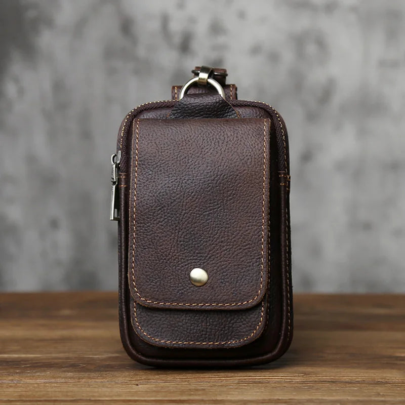 NZPJ Genuine Leather Men's Waist Bag Top Layer Cowhide Fashion Hook Bag Leisure Belt Bag Cigarette Box 6.5-inch Mobile Phone Bag