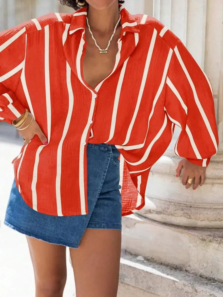 Women's Long Sleeve Button Cardigan Striped Shirt Slim Fit Polo Collar Full Length Autumn Winter New Style Cross Border Independ