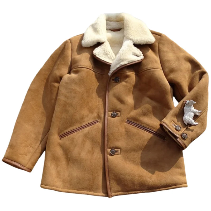 Light Brown Winter Shearling Jacket Men Casual Style Plus Size 4XL Genuine Natural Thick Sheepskin Warm Single Breasted Coat