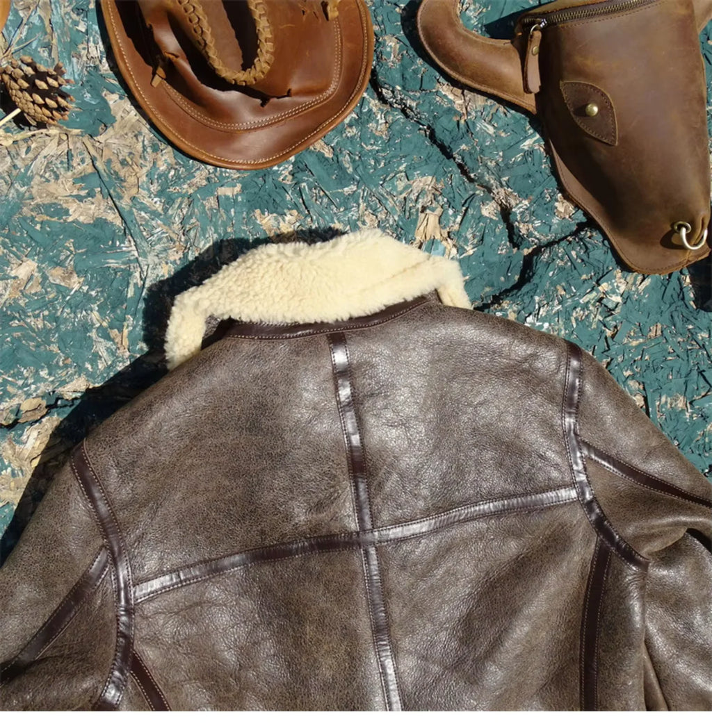 Dark Brown Winter Shearling Jacket Men Retro Style Plus Size 5XL Genuine Natural Thick Sheepskin B6 Bomber Flight Coat