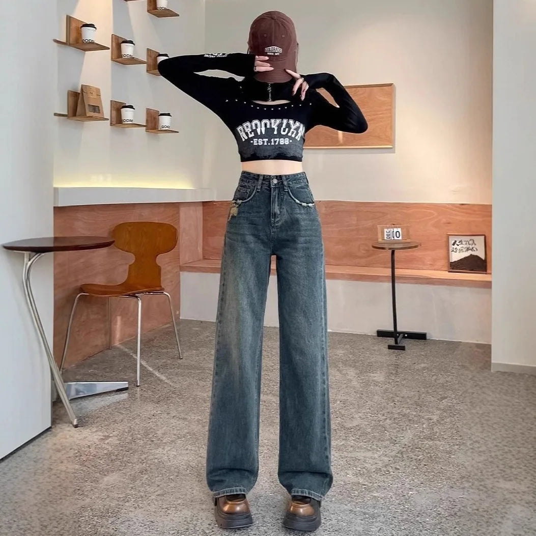 High Waist Wide Leg Jeans Light Blue Denim High Waist Tear Design American Style Spring Summer New Trend Streetwear