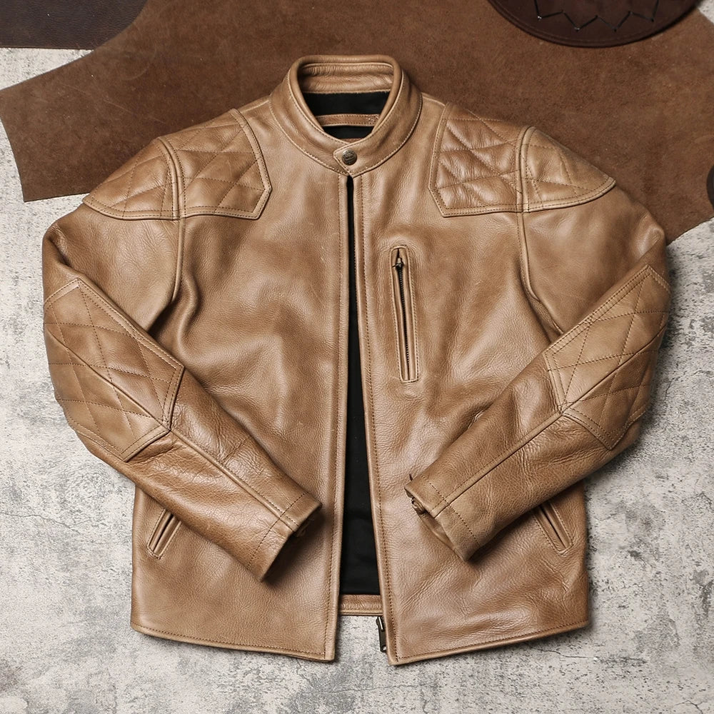 Light Brown Winter Leather Jacket Men Sprots Style Plus Size 5XL Genuine Natural Thick Cowhide Stand Collar Slim Leather Coat