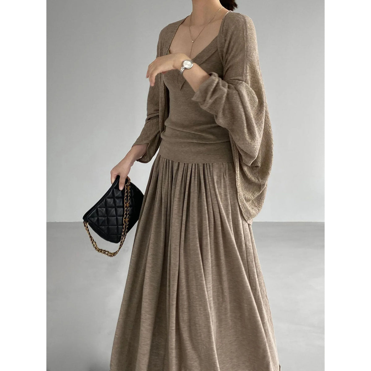 Loose Knitted Three-Piece Set V-Neck Sleeveless Top with Belt And Long Skirt Elegant Draped Feel Casual Wear for Women