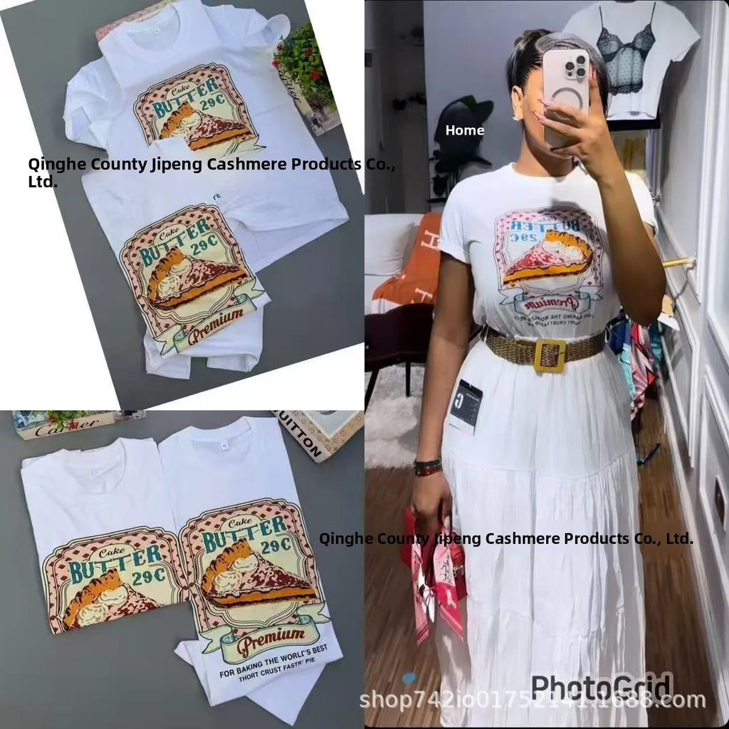 Loose Fit Embroidered Cotton T-Shirt Women's Shoulder Width round Neck Print Short Sleeve Cross-Border Half Sleeve Street Style