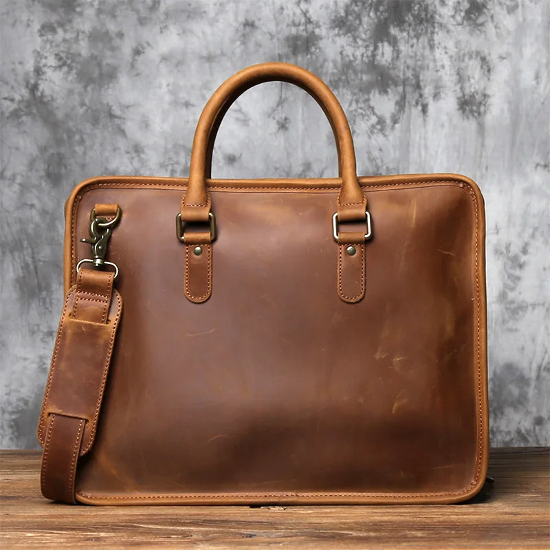 NZPJ Vintage Genuine Leather Men's Briefcase Natural Cowhide Handbag Crossbody Leisure Commuting Computer Bag for Men