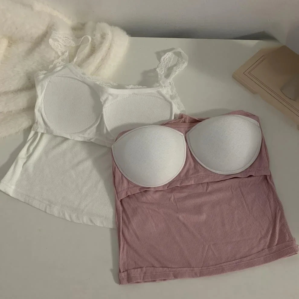 plus Size Lace Insert Camisole Tank Top with Chest Pad Inner Wear Outerwear Design Sense Bottoming Vest Big Size Women