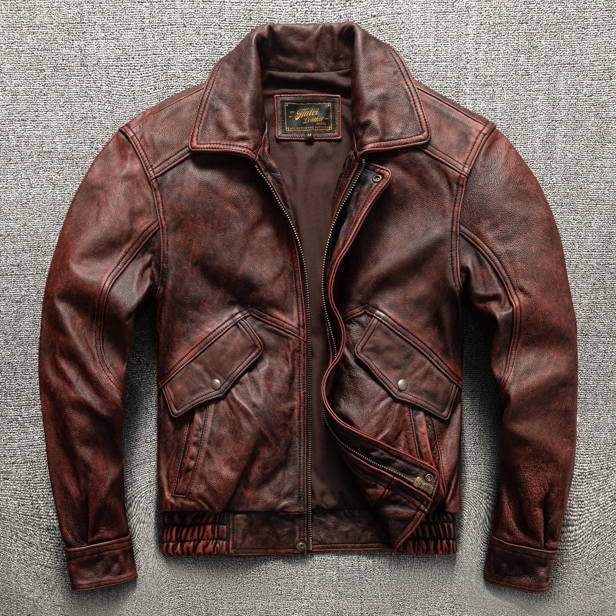 Wine Red Leather Jacket Men Vintage Style Plus Size 5XL Genuine Natural Cowhide Turn-Down Collar Retro Flight Coat