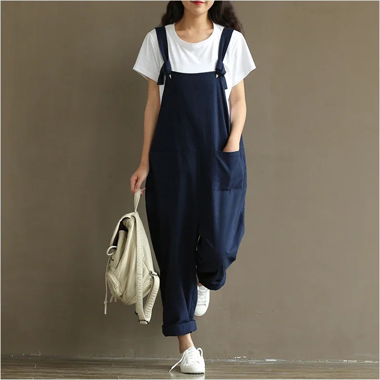 Artistic Vintage Deep Blues Cotton Strap Casual Trousers Women's 1701 European American Style