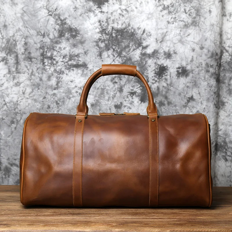NZPJ Men's Retro Leather Large-capacity Travel Bag Crazy Horse Leather Handbag Top Layer Cowhide Business Trip Shoulder Bag