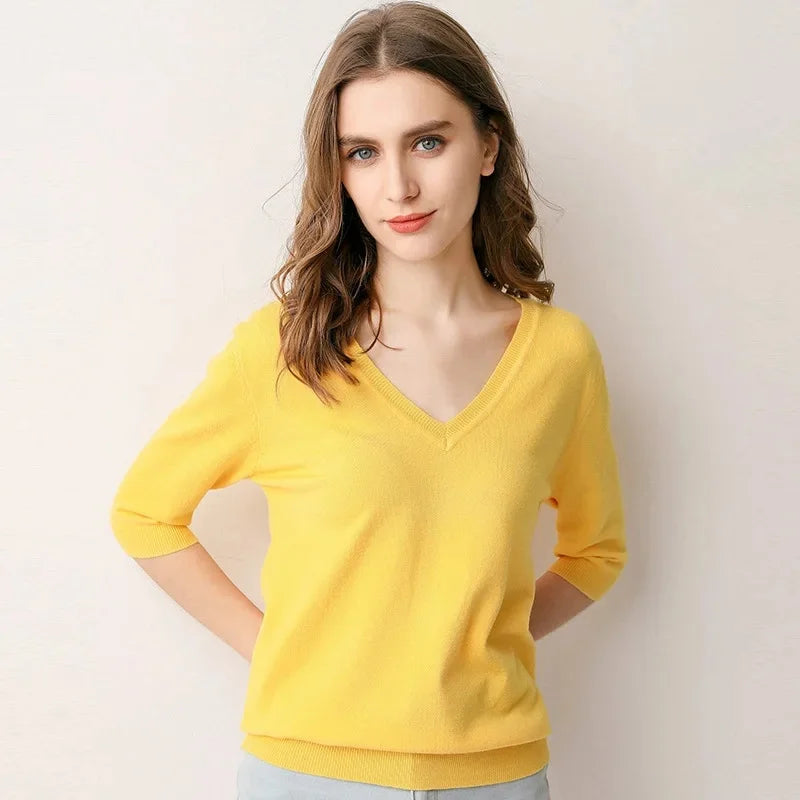 Spring Autumn New Style V-Neck Thin Knitted Loose Short Sleeve Women's T-Shirt Thin Summer Top Comfortable Base Layer Shirt